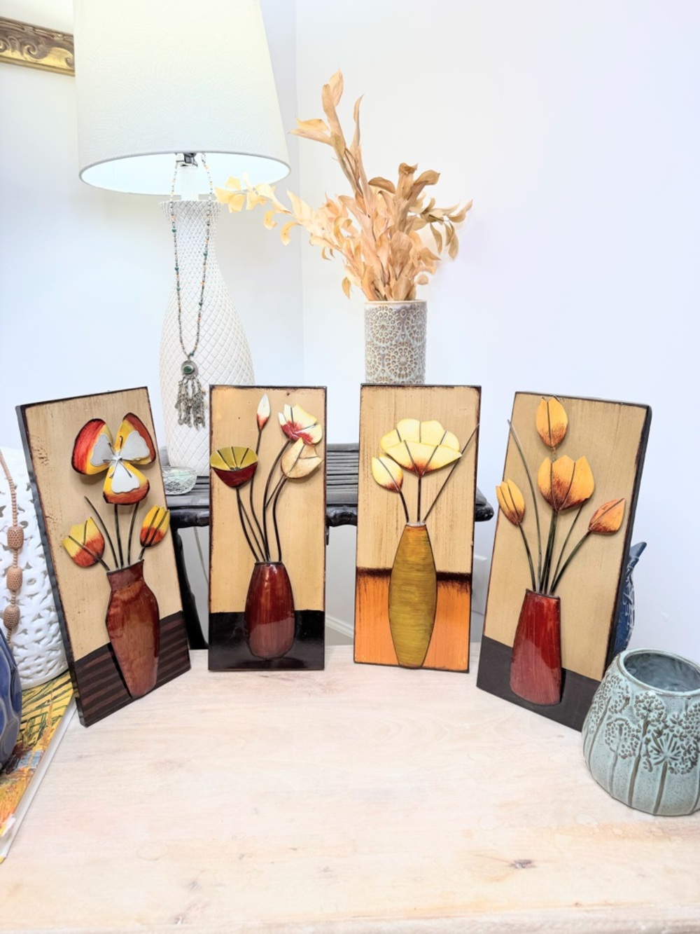 Vintage Metal Wall Art Set Floral Vase Panels Mid Century Modern Retro Decor 4pc